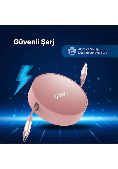 Ttec USB-C - USB-C Mini Makaralı 100W PD/QC 120 CM Hızlı Şarj Kablosu