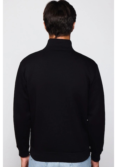 Tudors Unisex Relax Fit Rahat Kesim Pamuklu İçi Polarlı Yarım Fermuarlı Siyah Dik Yaka Sweatshirt-29035
