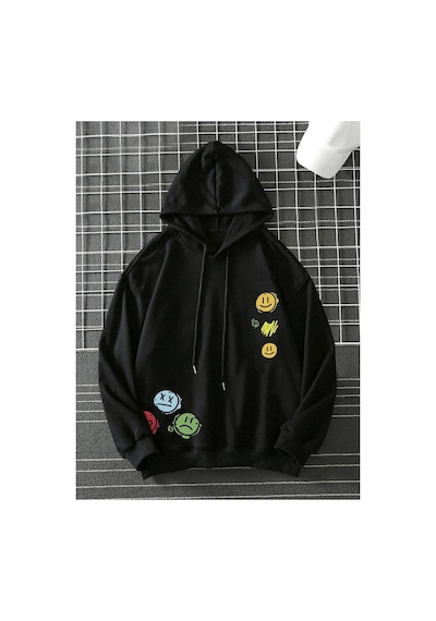 Tarzsokak Unisex Emoji Özel Baskılı Kapüşonlu Oversize Sweatshirt Siyah