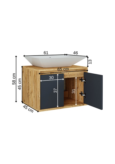 Banos Roomart 2 Kapaklı Lavabolu Ahşap-Antrasit Mdf 65 Cm Dolap Antrasit