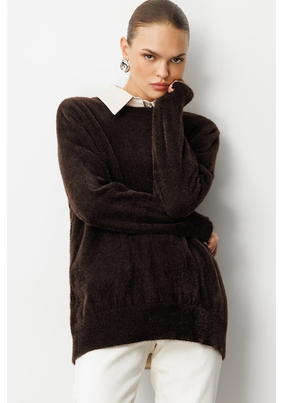Mizalle Yuvarlak Yaka Oversize Yumuşak Dokulu Kahverengi Triko Kazak Kahverengi