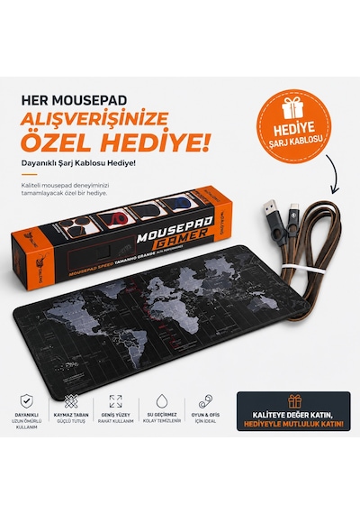 Dalong Dünya Desenli 90x40 Cm Büyük Boy Mouse Pad