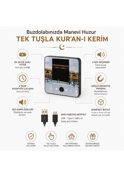 Dijital Kur An-ı Kerim Okuyucu Magnet Manyetik, Şarjlı, 4 Saat Kesintisiz Buzdolabı İçin Manevi Ses Cihazı Siyah