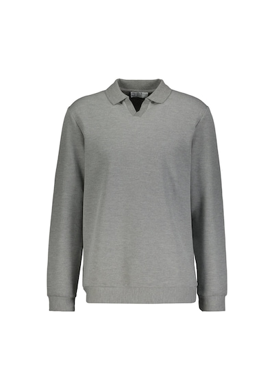 Süvari Regular Fit Polo Yaka V Patlı Düğmesiz Armürlü Sweatshirt Gri