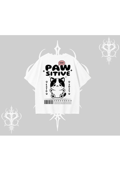 Tarzsokak Paw Sitive Kedi Arka Baskılı Oversize Tshirt Beyaz
