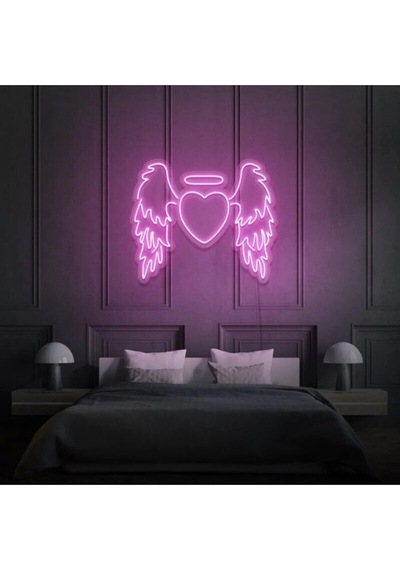 Kanatlı Kalp Şekilli Neon Tabela Pembe