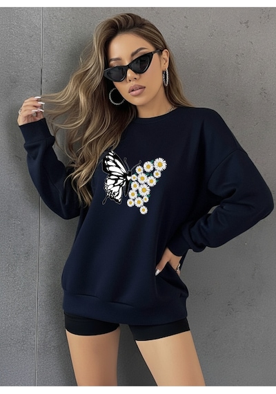 Uyguntarz Unisex Papatya Kelebek Baskılı Tasarım Oversize Bisiklet Yaka Sweatshirt Lacivert
