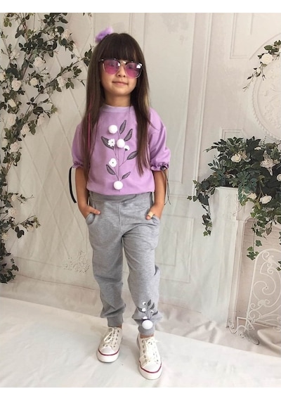 Quzucuk Kids Kız Çocuk Pamuk Figürlü Mor Eşofman Takımı Mor