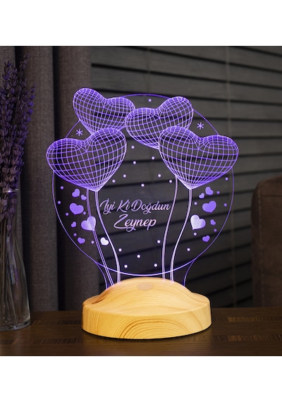 Doğum Günü Hediyesi, Sevgiliye, Arkadaşa İsimli Doğum Günü Hediyesi, Kişiye Özel Balon Kalpler Kişiye Özel 3D Led Lamba