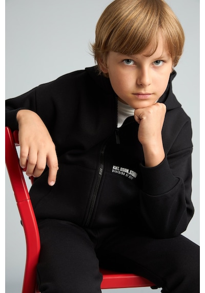 Defacto Baskılı Kapüşonlu Fermuarlı Cepli Sweatshirt Hırka Erkek Çocuk H9681a826wnbk81 Siyah-bk81