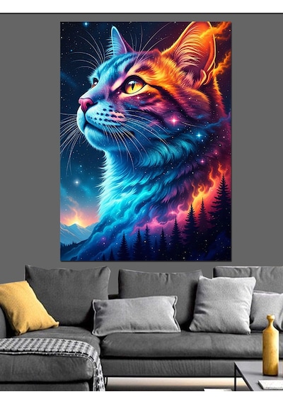 Ahşap Tablo Renkli Uzaylı Kedi Portresi