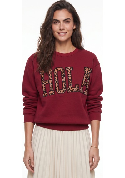 Onloox Kadın Bordo Bordo Pamuklu Üç İplik Şardonlu Leopar Nakış Detaylı Uzun Kollu Sweatshirt