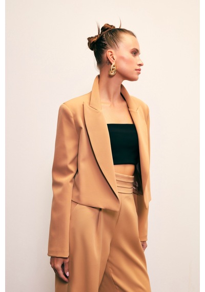 Sateen Şal Yaka Kısa Ceket - Camel