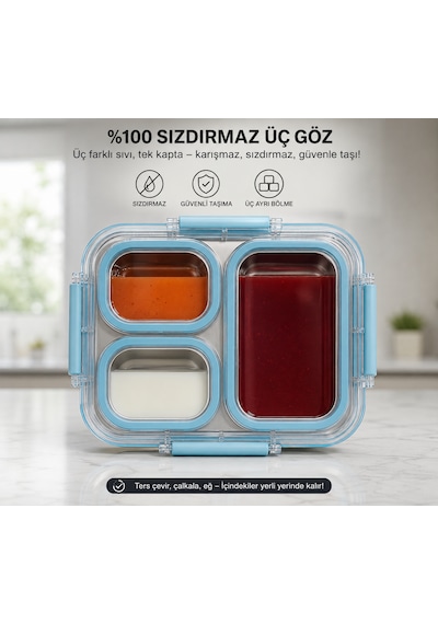 Muzeko Diyet, Beslenme Kabı Mzk4003 Sızdırmaz Kapaklı Metal 3 Bölmeli Lunch Box Beslenme 800ml 304çelik Mavi Okul,piknik,ofisler Açık Mavi