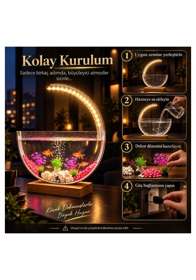Led Işıklı Dekoratif Masaüstü Akvaryum Yarım Ay Tasarım Hava Kabarcıklı Balık
