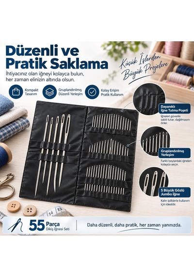 Store 55 Parça El Dikiş İğnesi Seti, Farklı Boylarda Büyük Gözlü İğneler, Deri, Nakış, Kanaviçe, Yorgan, Tamir Ve Hobi İçin