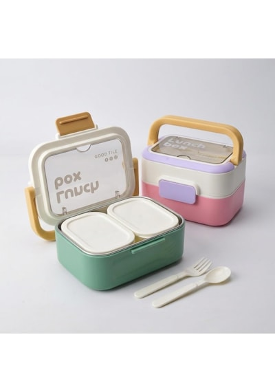 Deconox Paslanmaz Çelik Hazneli Kulplu Yemek Kabı 1010 Ml, Bölmeli Lunch Box Seti, Çatal Kaşık Dahil, Kilitli Kapaklı Taşıma Ve Saklama Kabı, Renkli Desenli