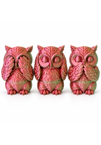 Üçlü Görmedim Duymadım Söylemedim Baykuş Seti Renk Değişimli 3d Baskı Dekoratif Figür 9,5 X 6,5 Cm Pembe - Yeşil