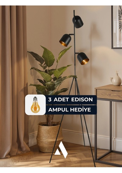 Horion Tripod Lambader 3 Başlıklı, Ayarlanabilir, Metal Gövde Siyah, Beyaz, Eskitme Gold Siyah
