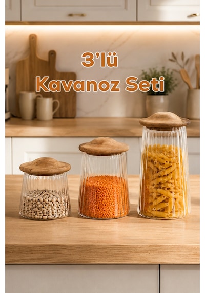 Porsima Mushroom Bambu Vakumlu Kapaklı Yuvarlak Borosilikat Cam 3lü Kavanoz Seti Saklama Kabı Cam - Şeffaf