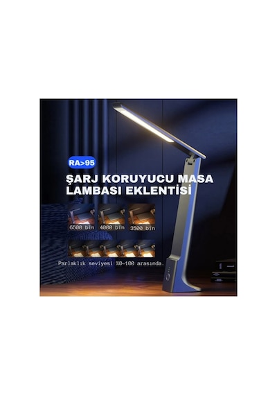 Şarjlı Dokunmatik Ledli Okuma Çalışma Masa Lambası 3 Renkli Kısılabilir Şık Dekoratif Çalışma Işığı Siyah