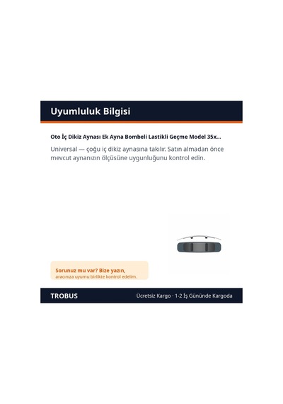 Trobus Oto İç Dikiz Aynası Ek Ayna Bombeli Lastikli Geçme Model 35x8 Cm
