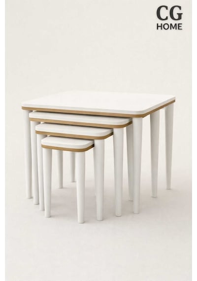 Ant Home Sahra 4 Lü Zigon Sehpa Seti Komple Lake Boyalı Gold Detaylı Modern Yan Sehpa Ekru
