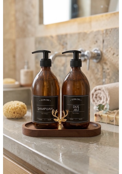 Amber Şişe Sabunluk Cam İkili Şampuan-duş Jeli Banyo Düzenleyici Klasik Gold Geyik Ahşap Standlı 500ml