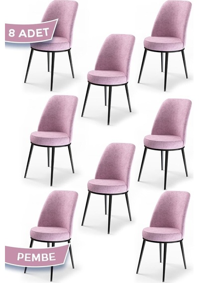 Canisa Dexa Serisi, Üst Kalite Mutfak Sandalyesi, Metal Siyah Iskeletli, 8 Adet Pembe Sandalye Pembe Sandalye