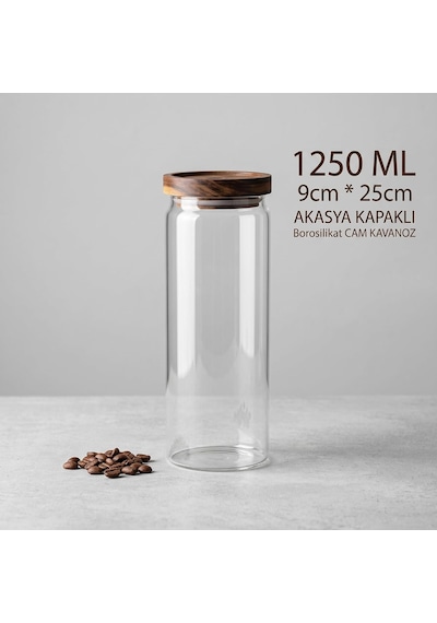 Tr Akasya Kapaklı Yuvarlak Borosilikat Cam Kavanoz 1250 Ml, 9 25 Cm, Orta Delikli Ahşap Kapak, Şeffaf Makarna Bakl Diğer