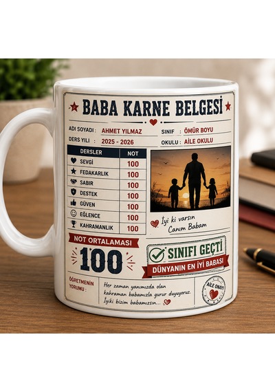 Kişiye Özel Baba Karne Belgesi Kupa Bardak İsme Özel Beyaz Seramik Kupa 330 Ml Kahve Ve Çay Kupası Açık Beyaz