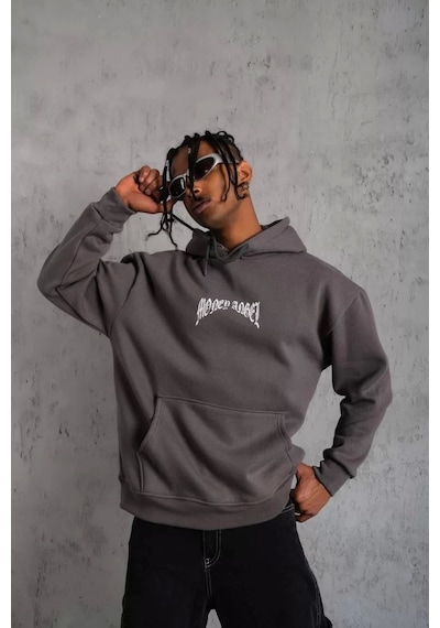 Erkek Kordon İpli Baskılı Kapüşonlu Sweatshirt - Füme Füme