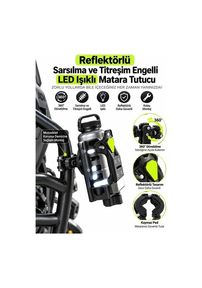 Reflektörlü Sarsıntı & Titreşim Engelli Led Işıklı Gidon Ve Koruma Demiri Bağlantılı Matara Tutucu Mavi - Siyah