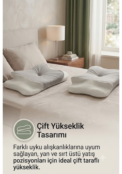 Ergonomik Visco Memory Foam Boyun Destek Yastığı 62x42 Cm Çift Yükseklikli Premium Uyku Yastığı Açık Gri