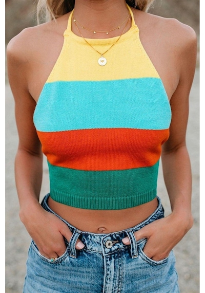 Aqe Fashion Kadın Çok Renkli Yazlık Sırt Dekolteli İp Bağlamalı Triko Crop Bluz Çok Renkli