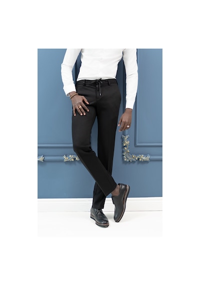 Ecer Regular Fit Armürlü Beli İplikli Astarsız Rayon Kışlık Kumaş Pantolon Siyah