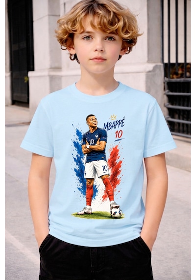 Stil-x Mbappe Baskılı Erkek Çocuk Tshırt, %100 Pamuklu Soft Kumaş Mavi