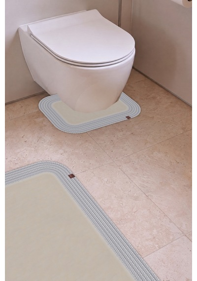 Banyo Paspası Takımı 70x110+50x70 Cm Düz Ekru & Gümüş Gri Ekru - Gümüş Gri