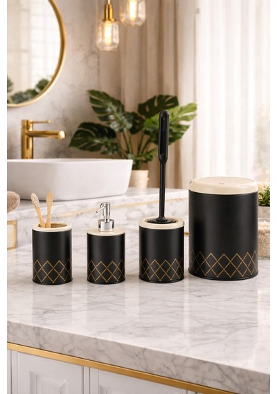 Geometrik Zikzak Desenli 4 Lü Banyo Seti Siyah