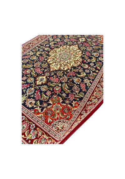 El Dokuma İran Kum Halısı 140x210 Kırmızı Lacivert %100 Yün Halı Lacivert