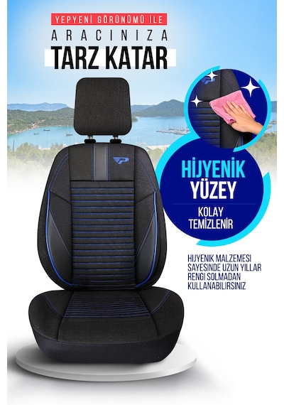 Siyah - Mavi Panda Detroit Serısı Keten Kumaş Oto Koltuk Kılıfı - Tam Set