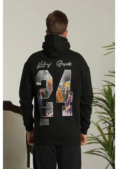 Erkek Baskılı Oversize Üç İplik Kapüşonlu Sweatshirt - Siyah Siyah