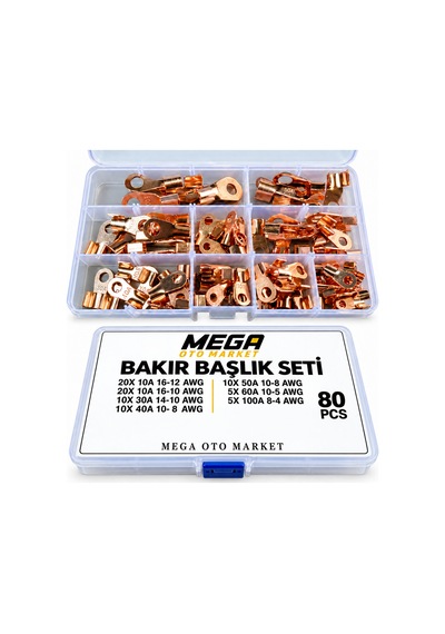 Mega Oto Market 80 Parça Bakır Akü Ve Kablo Pabuç Başlık Seti 10a 100a 4 16 Awg Bölmeli Kutulu