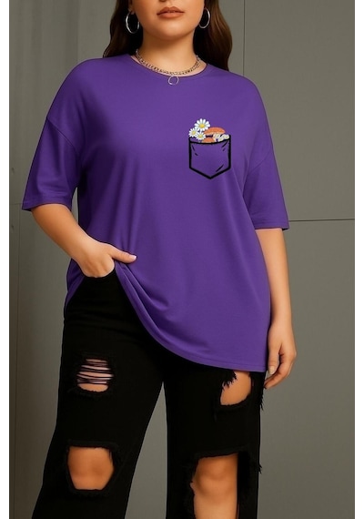 Büyük Beden Cep Çiçek Baskılı Unisex Tişört Mor