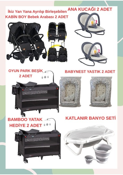 Yeni Doğan İkiz Bebek Çeyiz Seti Beşik Bebek Arabası Ana Kucağı Banyo Seti Baby Nest Siyah6
