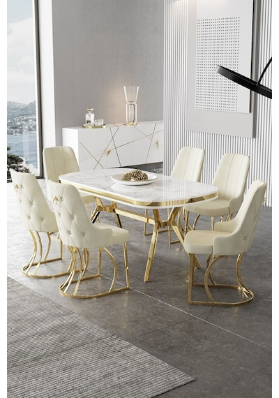 Canisa Epal Serisi 90x168 Lak Panel Beyaz Mermer Desen Masa Takımı Gold Ayaklı 6 Krem Sandalye Beyaz Mermer Desen Masa Sandalyeler Krem Canisa Epal Serisi 90x168 Lak Panel Beyaz Mermer Desen Masa Takımı Gold Ayaklı 6 Krem Sandalye Beyaz Mermer Desen Masa Sandalyeler Krem