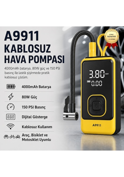 4000mah Kablosuz Dijital Göstergeli Taşınabilir Araç Lastik Şişirme Kompresörü Hava Pompası-1663