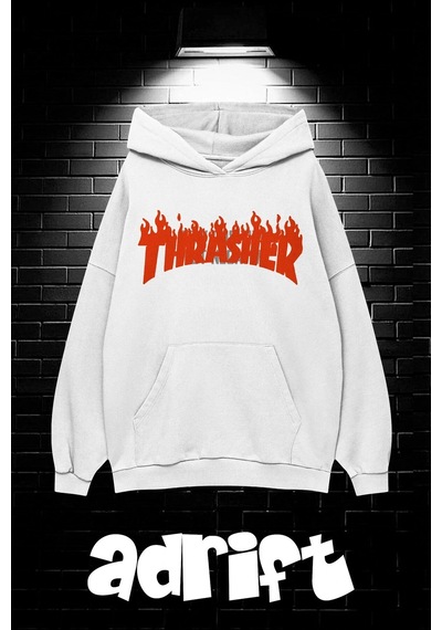 Startmore Unisex Oversize Kapüşonlu Kanguru Cepli Thrasher Baskılı Sweatshirt Hoodie Beyaz Beyaz