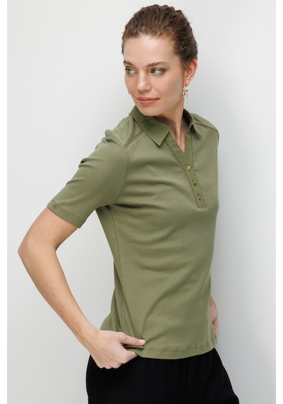 Kadın Polo Yaka İğne İşlemeli Pamuklu Penye T-shirt Haki Haki