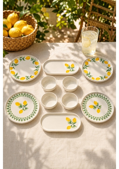 Yeşil Limon 10 Parça 4 Kişilik Handmade Stackable Seramik Tabak Seti Premium Sunum & Kahvaltı Takımı Beyaz